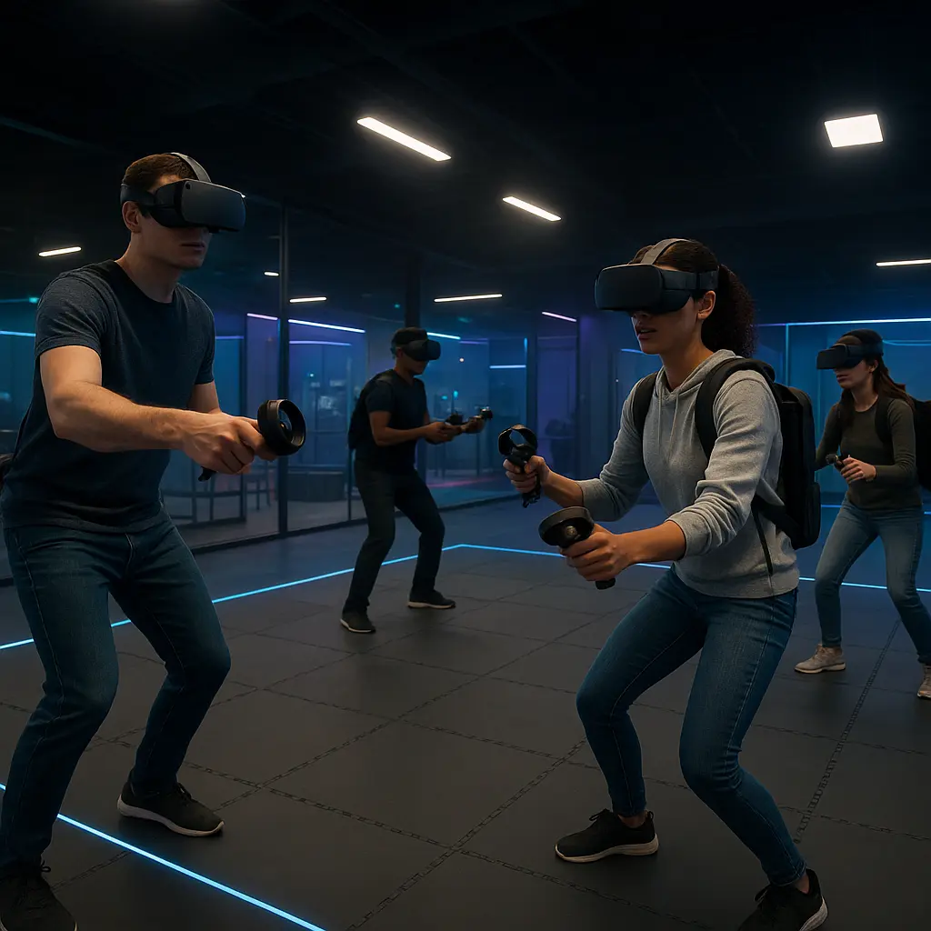 Interiér VR arény s hráči při free-roam zážitku