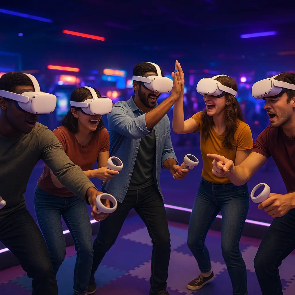 Skupina přátel při multiplayer VR hře v aréně