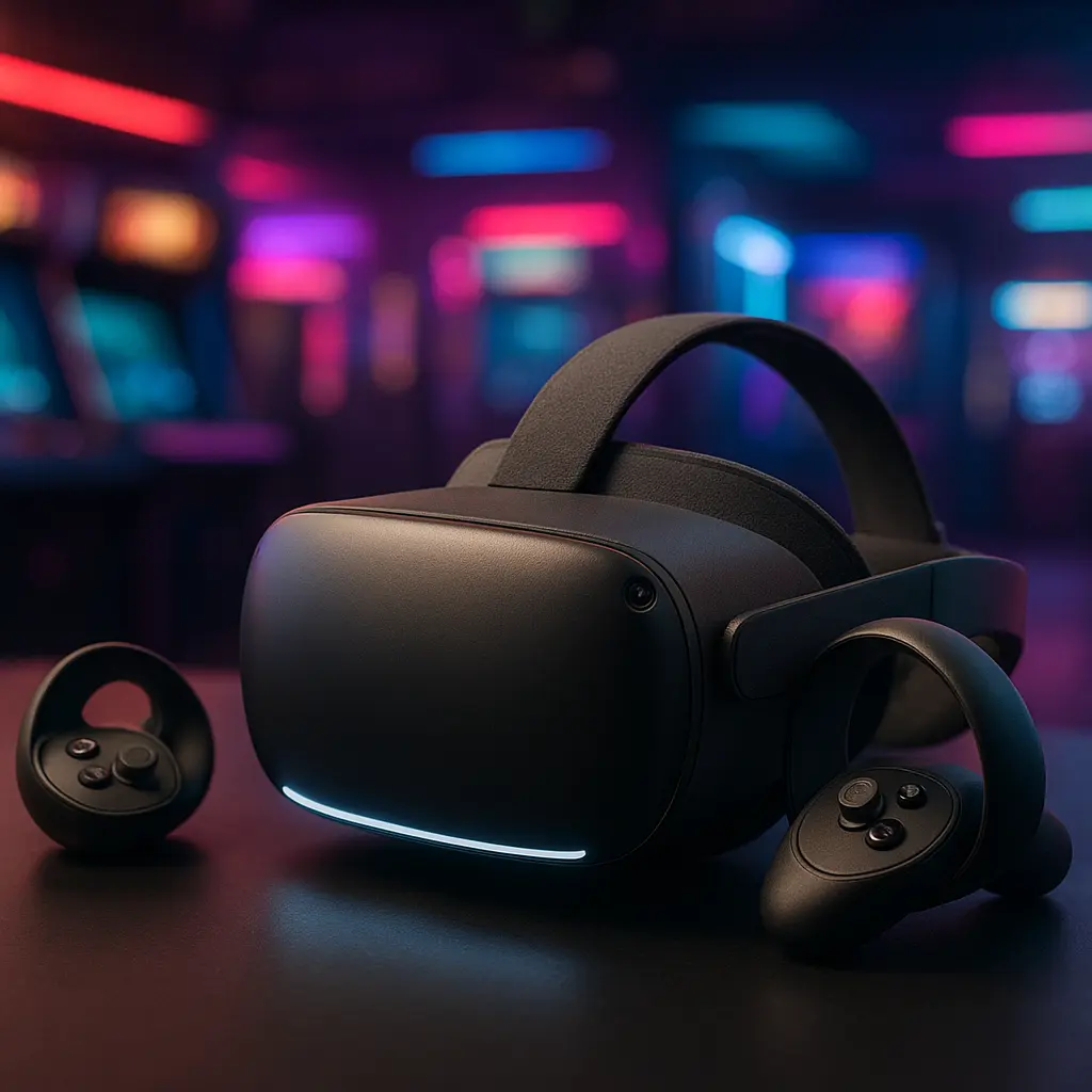 Prémiový VR headset a ovladače připravené na herním stole